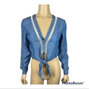 Lovers + Friends Carmine Chambray Tencel Cropped Tie Front Top Size XS